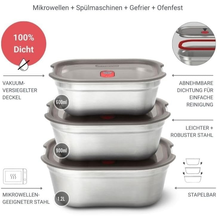 Multifunktionsboxen aus Edelstahl, rechteckig, 3 x 900 ML