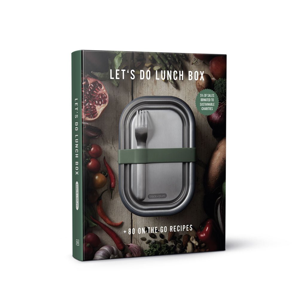 lets do lunch box recipe book with steel lunch box on front cover surrounded by natural ingredients