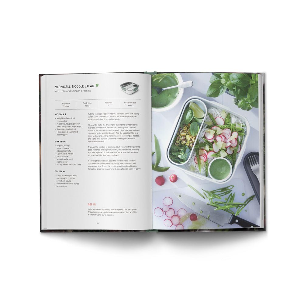 book open with recipe for vermicelli noodles with a picture of them in a lunch box with radishes