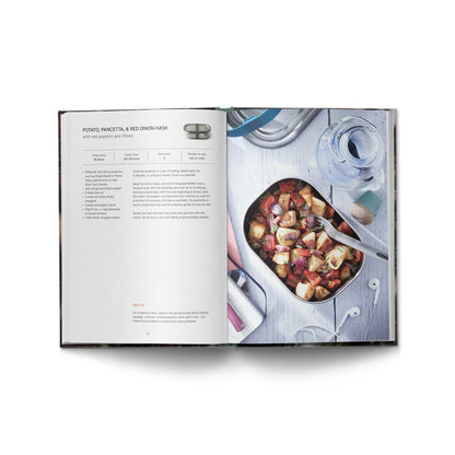 book open with recipe for potato pancetta with picture of steel lunch box and fork