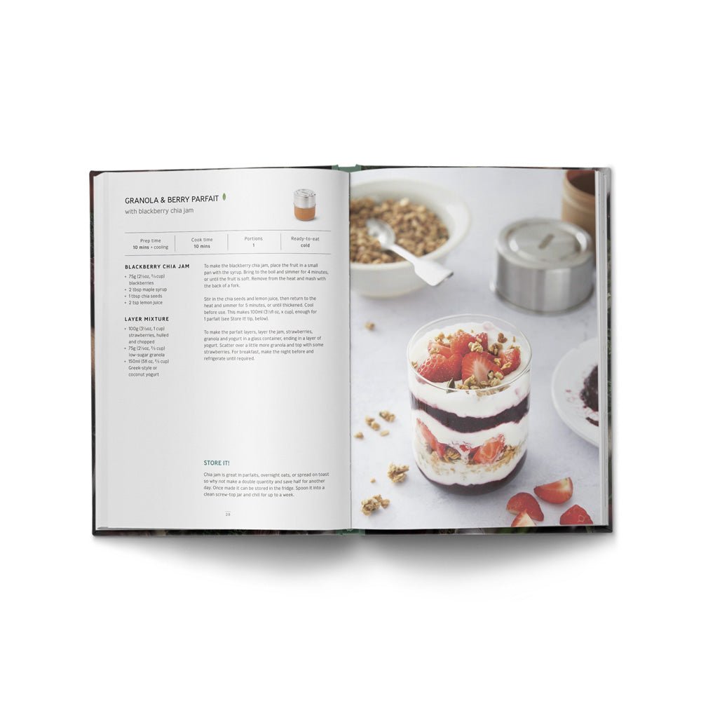 book open with recipe for granola and parfait with picture of it in glass pot